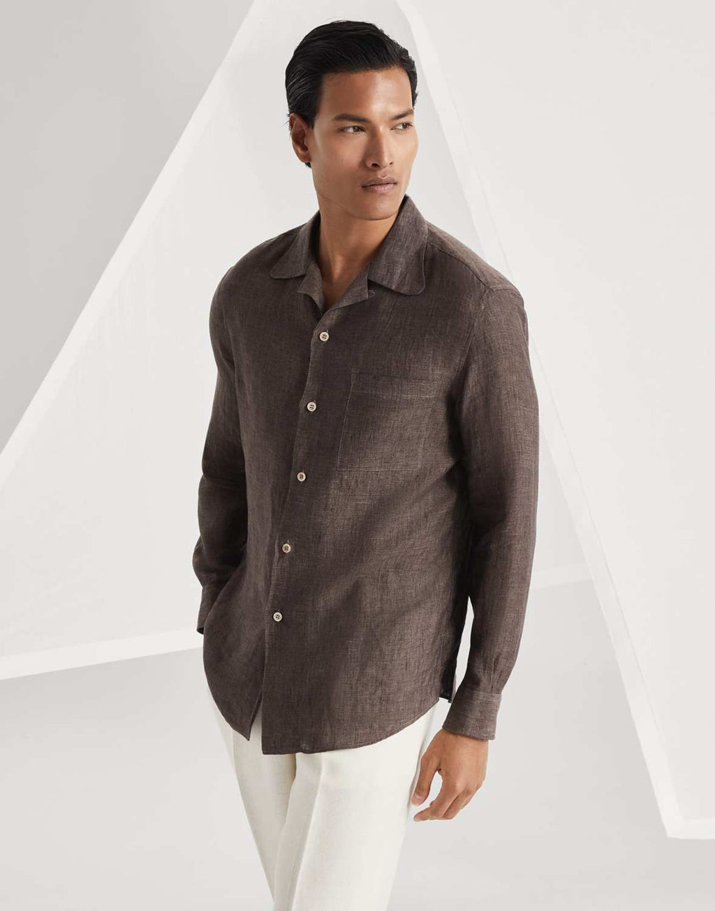 Brunello Cucinelli Men's Linen Easy Fit Shirt with Camp Collar and Chest Pocket Spring And Autumn Solid Color Long Sleeve Top Ngvp #1455