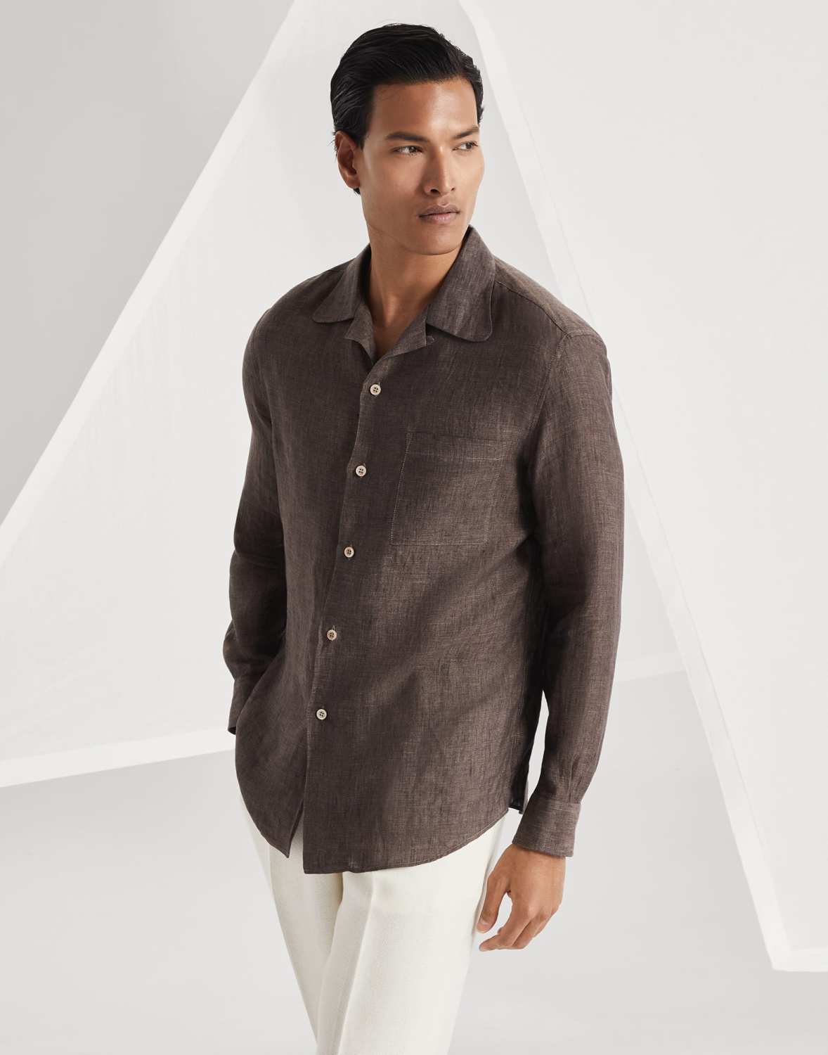 Brunello Cucinelli Men's Linen Easy Fit Shirt with Camp Collar and Chest Pocket Spring And Autumn Solid Color Long Sleeve Top Ngvp #1455