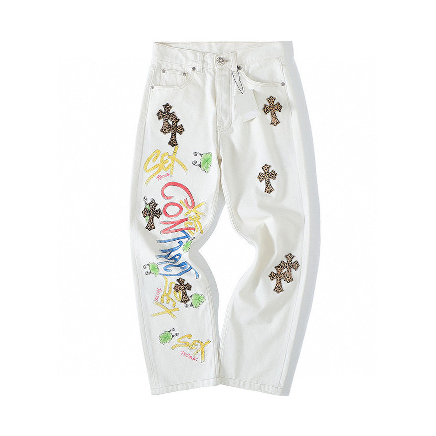 Chrome Hearts Graffiti White Denim Jeans Pants #96784