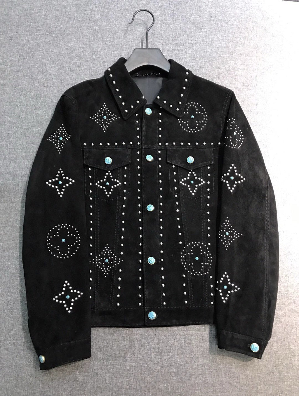 Louis Vuitton Men's Fall/Winter Black Logo Pattern Embroidery Lapel Long Sleeve Denim Jacket #73291