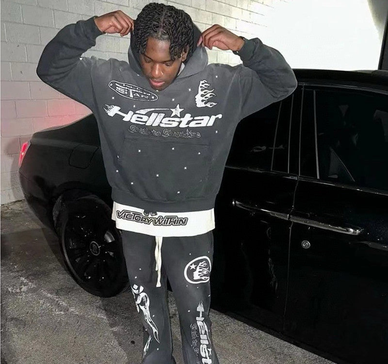 Hellstar Men's Spring and Autumn Solid Color Graffiti Washed High Street Padded Retro Hooded Long Sleeve Loose Sweats Ngvp #7498