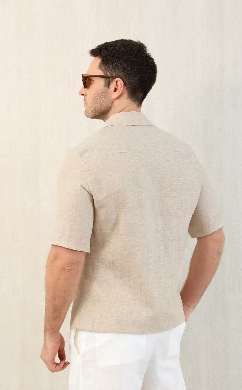 Brunello Cucinelli Men's Linen Loose Summer Single-Breasted Solid Color Lapel Short Sleeve Shirt Ngvp #1454