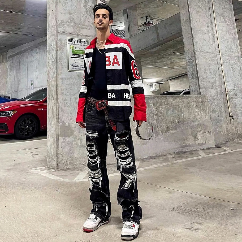 HOOD BY AIR Embroidered Shirt Hba Hba14ss Racing Shirt Carti Same Men's Spring And Fall Trend High Street Retro Color Blocking Shirt Jacket Ngvp #2414