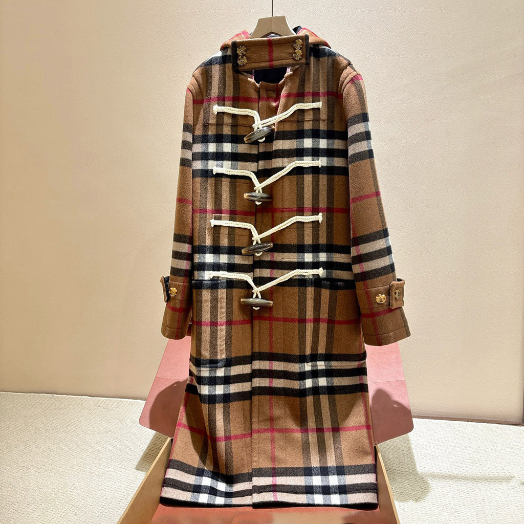 Burberry Men's And Women's Fall/Winter Fashion Casual Hooded Plaid Horn Button Long Coat Trench Jacket #79428