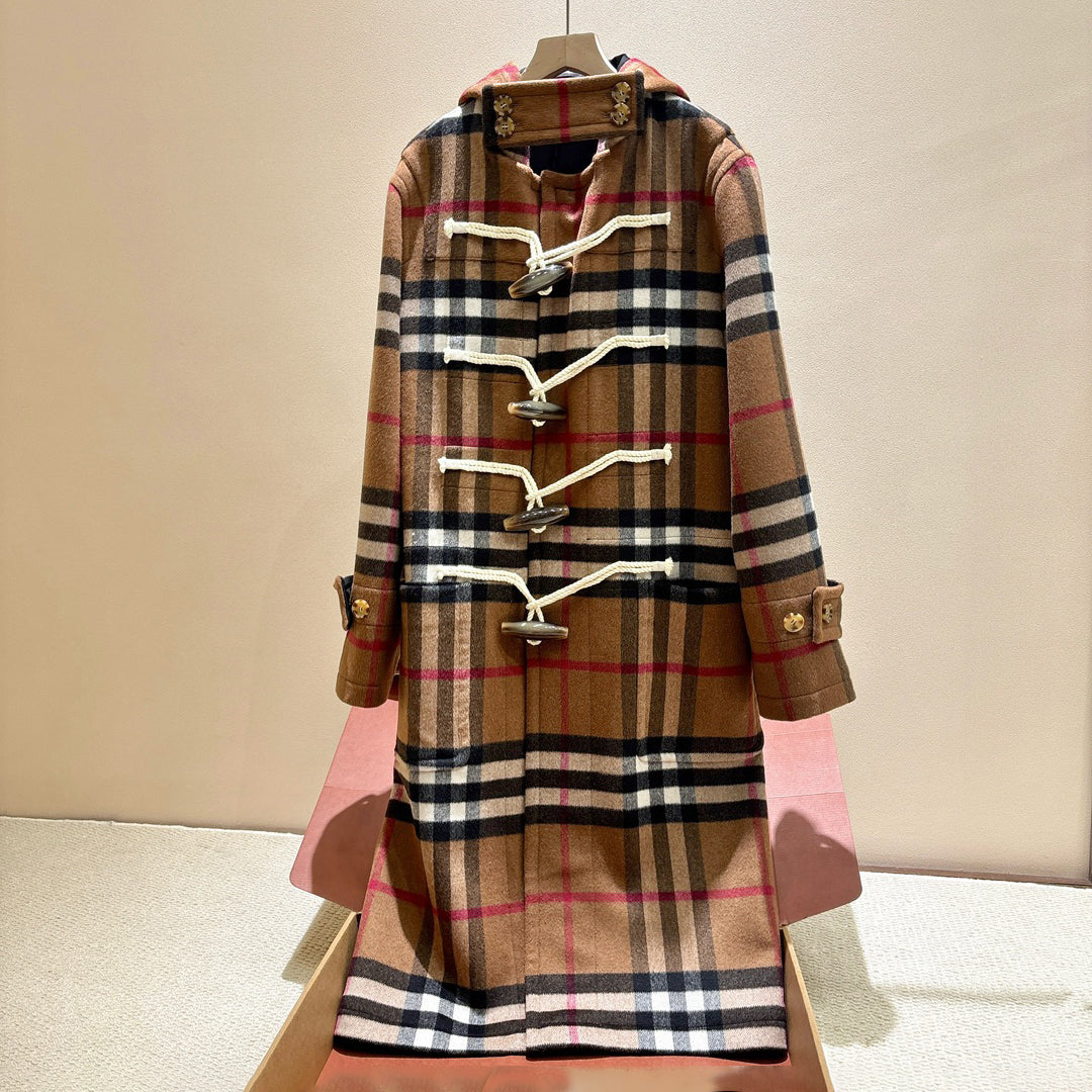 Burberry Men's And Women's Fall/Winter Fashion Casual Hooded Plaid Horn Button Long Coat Trench Jacket #79428