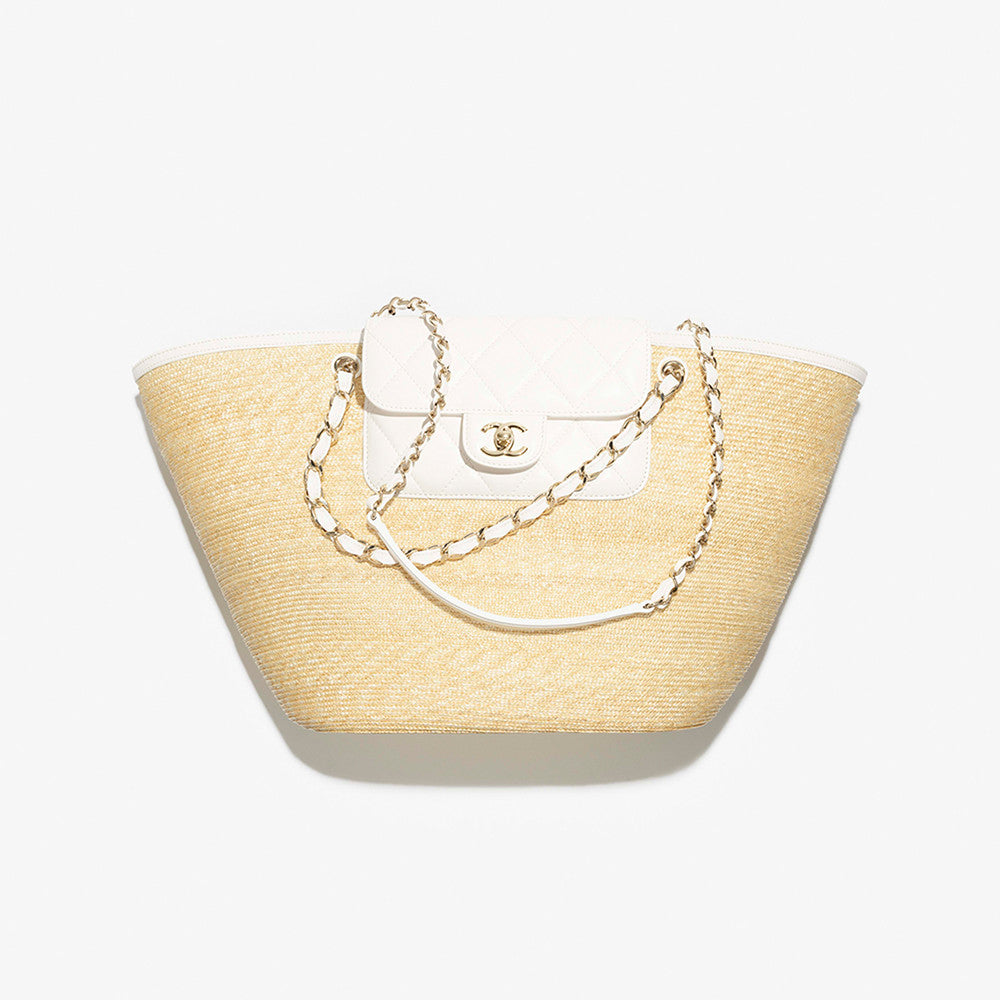 Chanel Large Shopping Bag Braided Straw Lambskin Gold-tone Metal #381455