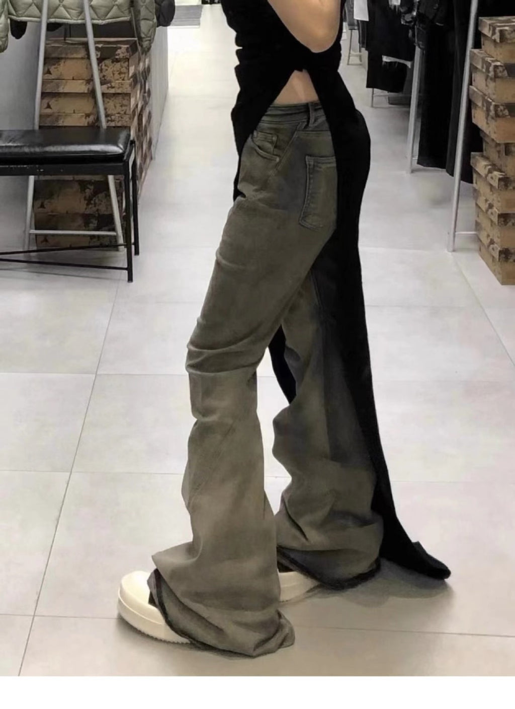 Rick Owens Men's Spring And Fall Do Old Desert Color Washed Flare Wide-leg Denim Pants Skinny Stacked Drag Ground Pleated Cat Whiskers Waste Soil Jeans Ngvp #2415