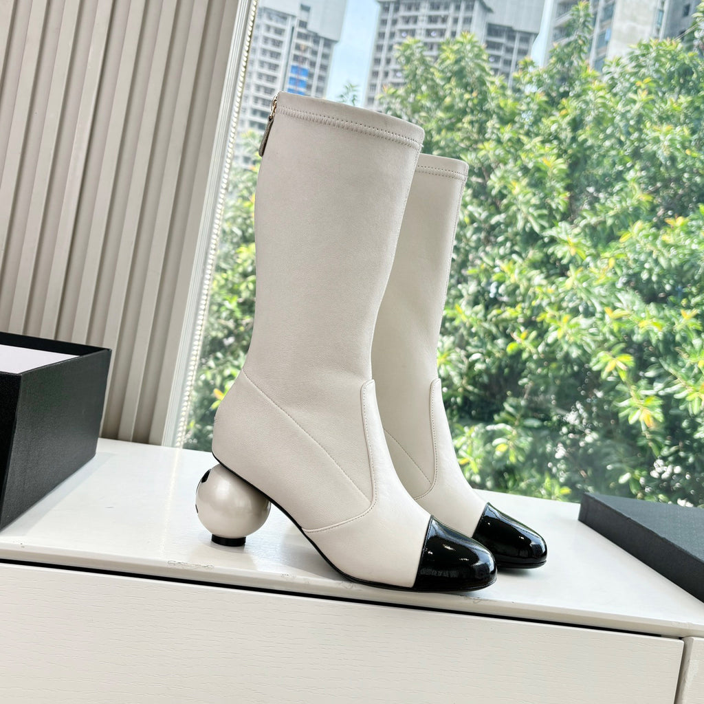 Chanel Women's Fall/winter Fashion Classic Round Toe Sheepskin Double C Oversized Pearl Heel Stretch Mid Calf Boots Long Boots Shoes #78546