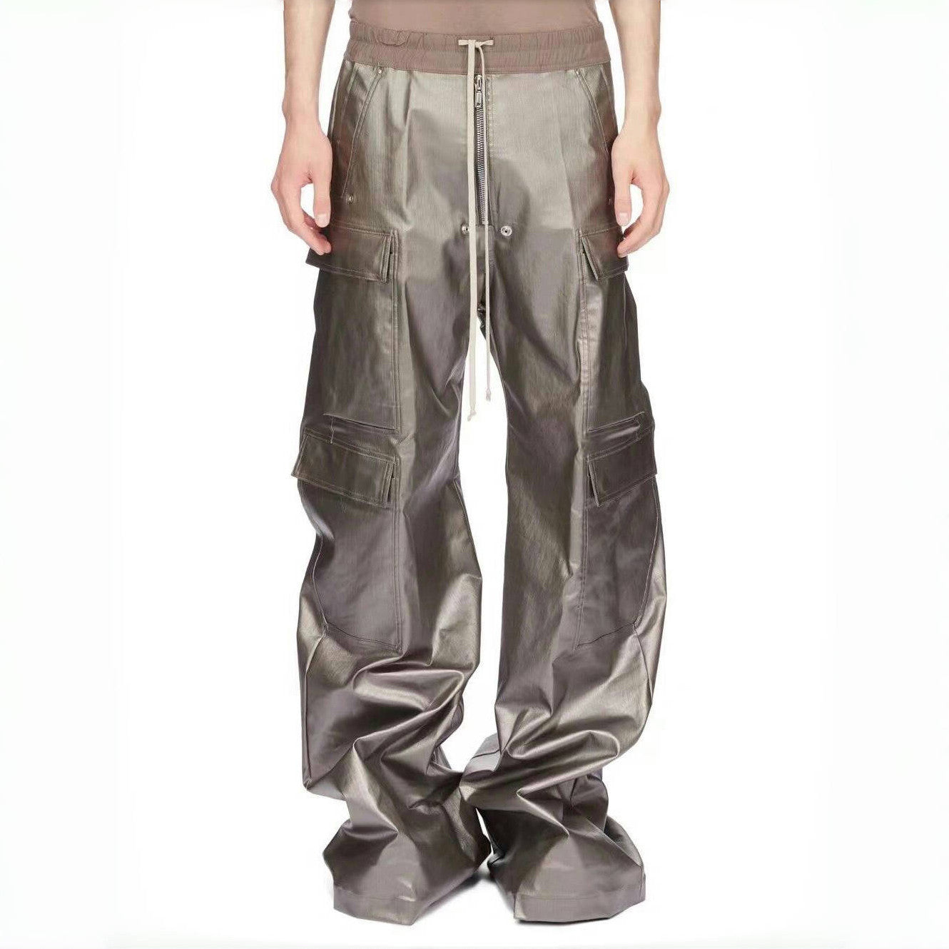 Rick Owens Men's Spliced Side Pockets Solid Color Coated Wide Leg Jeans Spring & Autumn Casual Long Pants Ngvp #1518