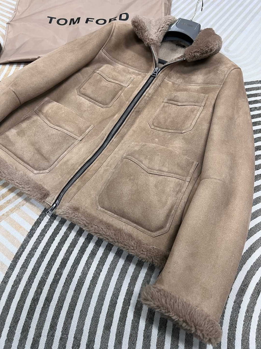 Tom Ford Men's and Women's  Winter Fashion Casual Lapel Zipper Classic Four-Pocket Leather and Fleece Hybrid Jacket #78814
