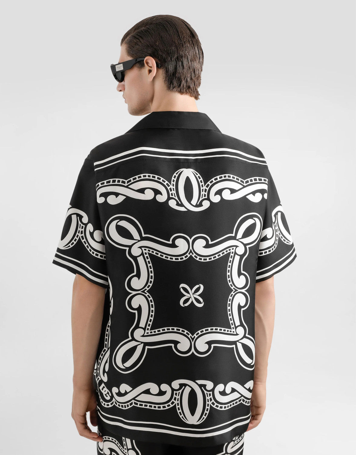 Dolce&Gabbana Men's Summer Bandanna Printed Silk Short Sleeve Shirt Casual Solid Color Elastic Waist Tie Shorts Suit Set #81277