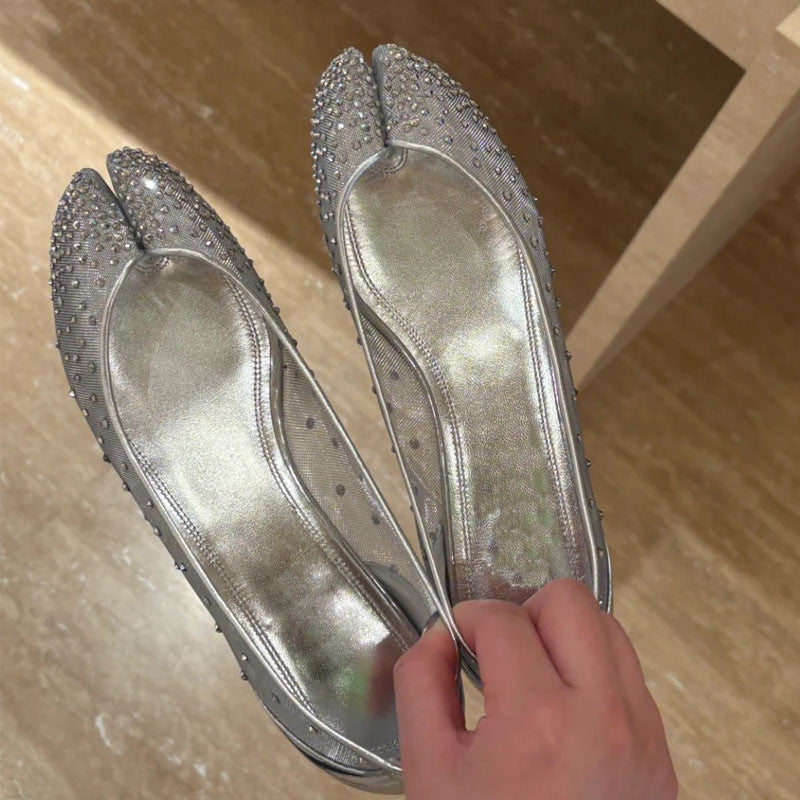 Christian Louboutin X Maison Margiela Women's Spring And Summer New Mesh Temperament Rhinestone Split Toe Flat Shoes Versatile Ballet Shallow Mouth Single Shoes Ngvp #1494