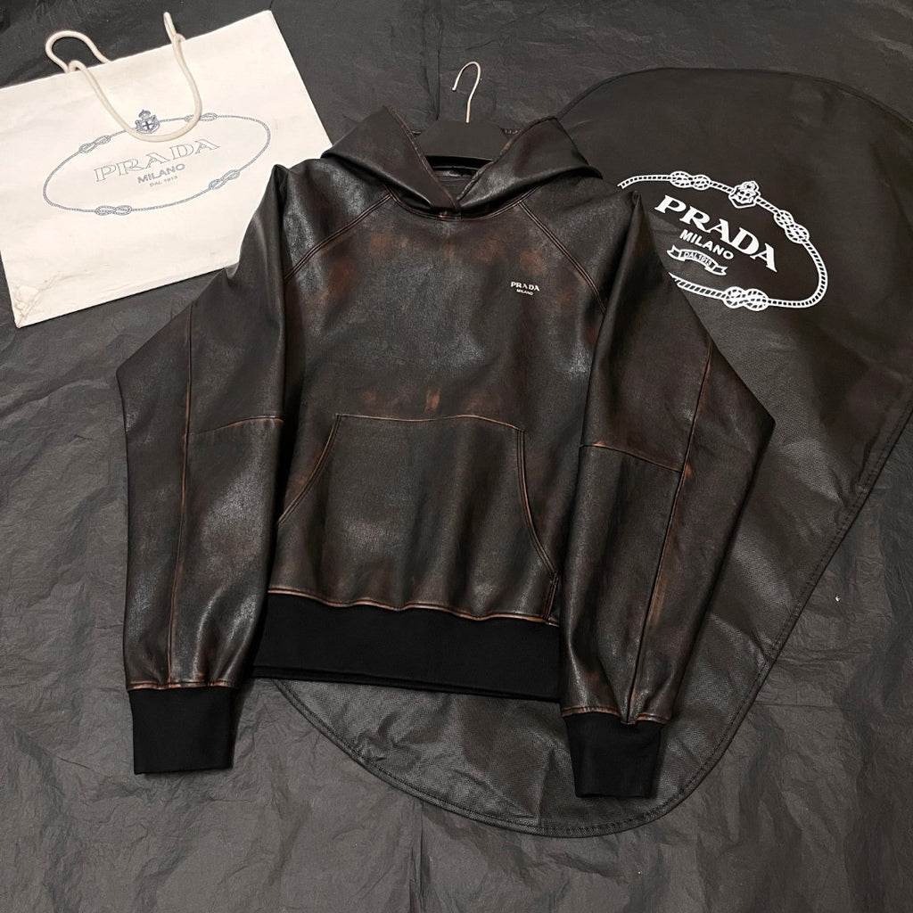 Prada SS25 Spring And Summer Men's Nappa Leather Hooded Raglan Long Sleeve Sweatshirt Leather Jacket #332536