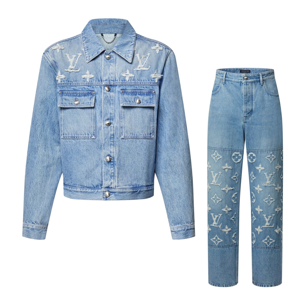 Louis Vuitton Men's Spring And Fall Embroidered Logo Single Breasted Long Sleeved Denim Jacket Mid Rise Jeans Pants Suit Set #74293