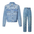 Louis Vuitton Men's Spring And Fall Embroidered Logo Single Breasted Long Sleeved Denim Jacket Mid Rise Jeans Pants Suit Set #74293