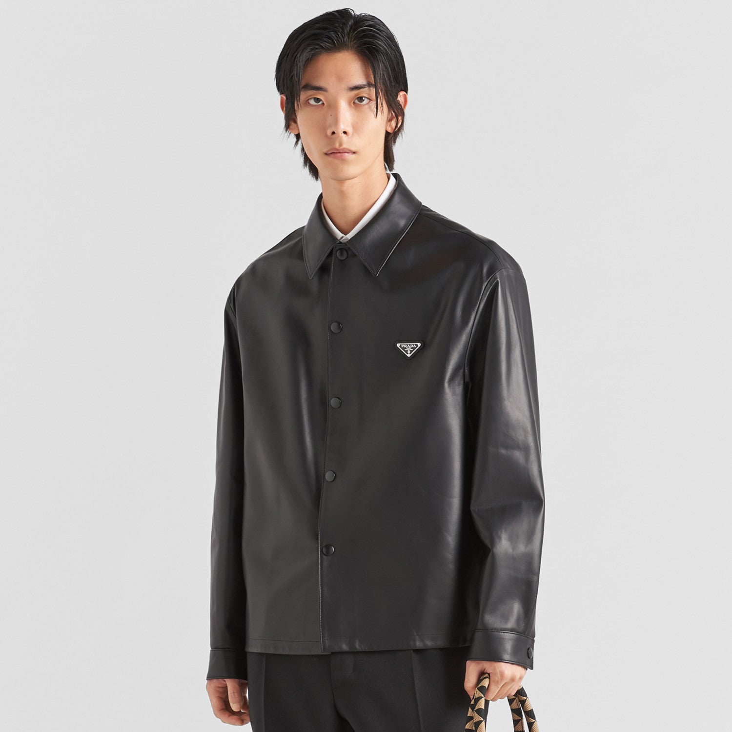 Prada Men's Fall/Winter Fashion Casual Solid Color Lapel Single Breasted Leather Jacket With Logo Triangle Emblem Jacket #79343