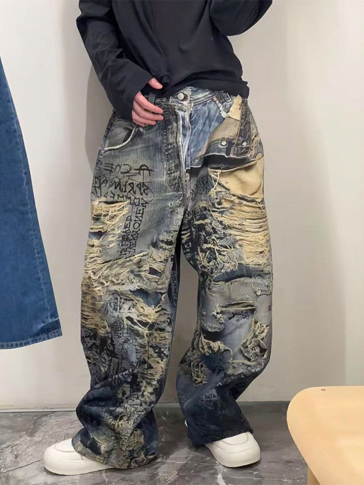 Acne Studios Men's Spring And Summer Ripped Graffiti Mise-en-scène Effect Print Denim Pants Super Loose Fit Jeans Fashion High Street Casual Blue Straight Trousers Ngvp #1186