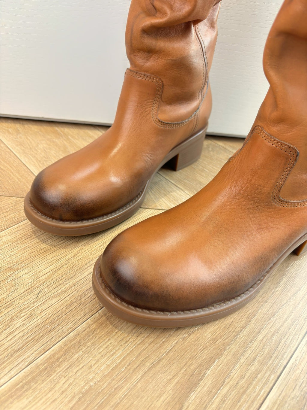 MiuMiu Women's Fall/Winter Fashion Classic Solid Color Leather Round Toe Slip On Chunky Heel High Top Biker Style Boots Shoes #79484