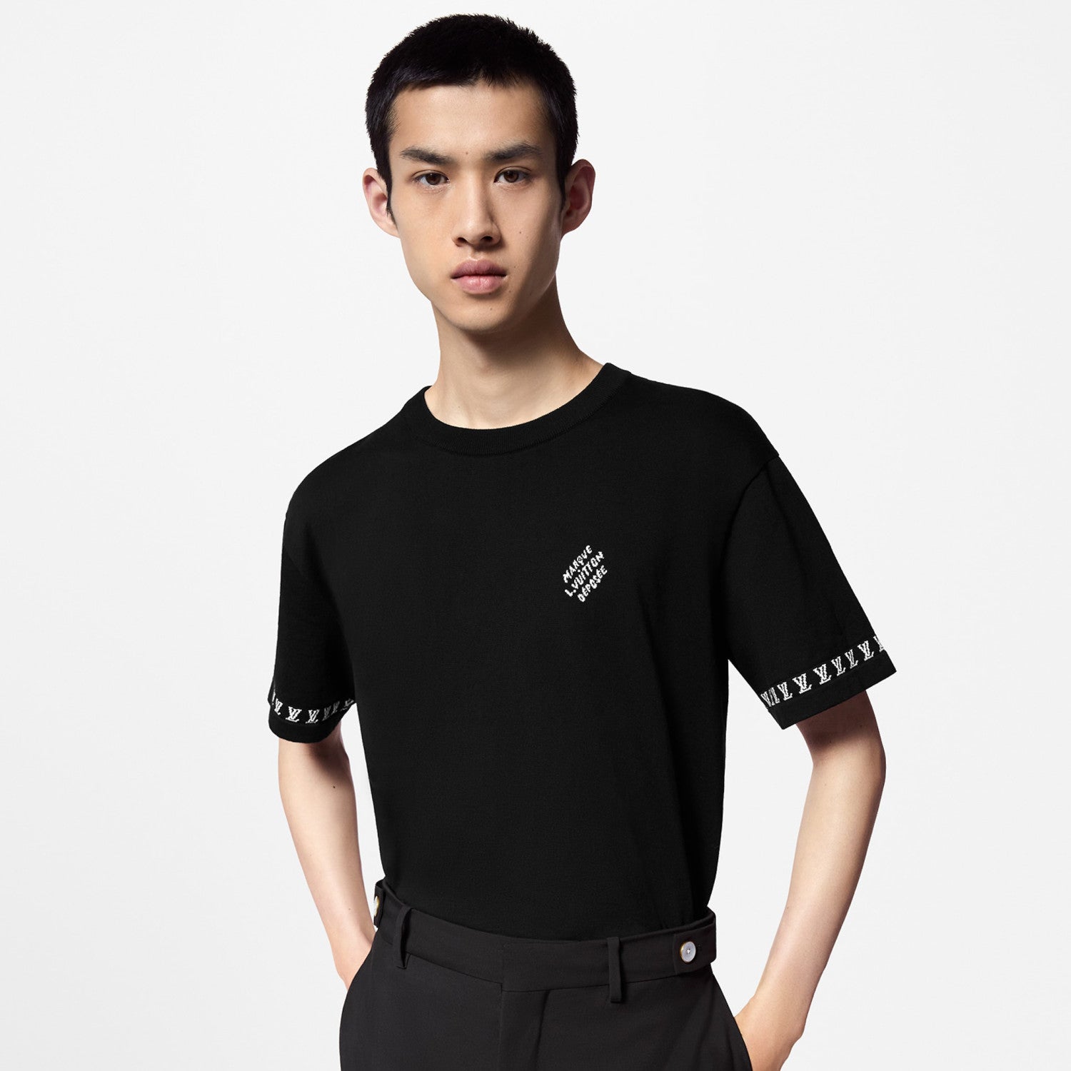 Louis Vuitton Men's Summer Black Cotton Jersey Fabric Round Neck Short Sleeve T-shirt #98962