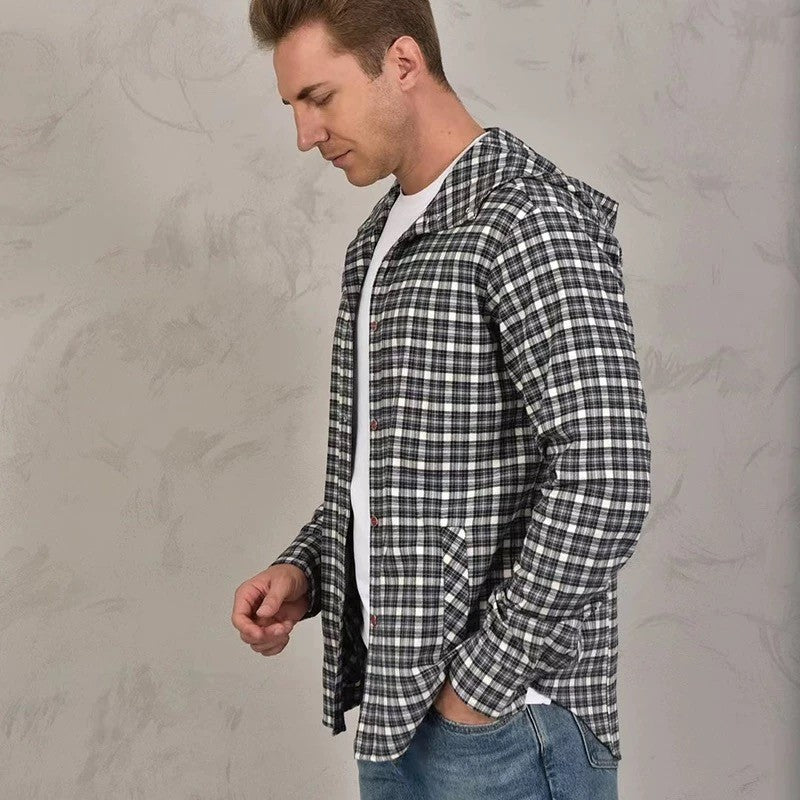Kiton Men's Spring And Fall Retro Plaid Hooded Shirt Long-sleeved Lapel Buttons Fashion Casual Denim Cotton Shirt Ngvp #8879