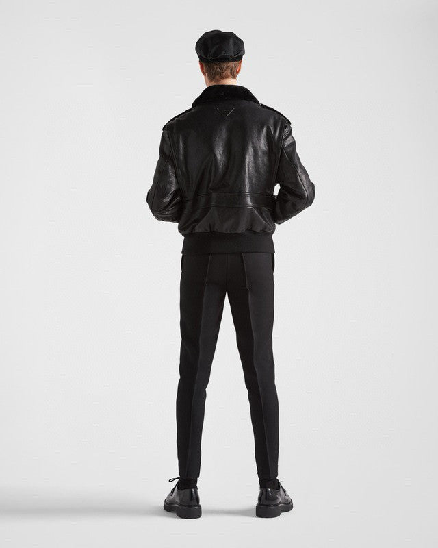 Prada Men's Autumn Winter Black Hair Collar Zip Leather Long Sleeve Jacket #99477