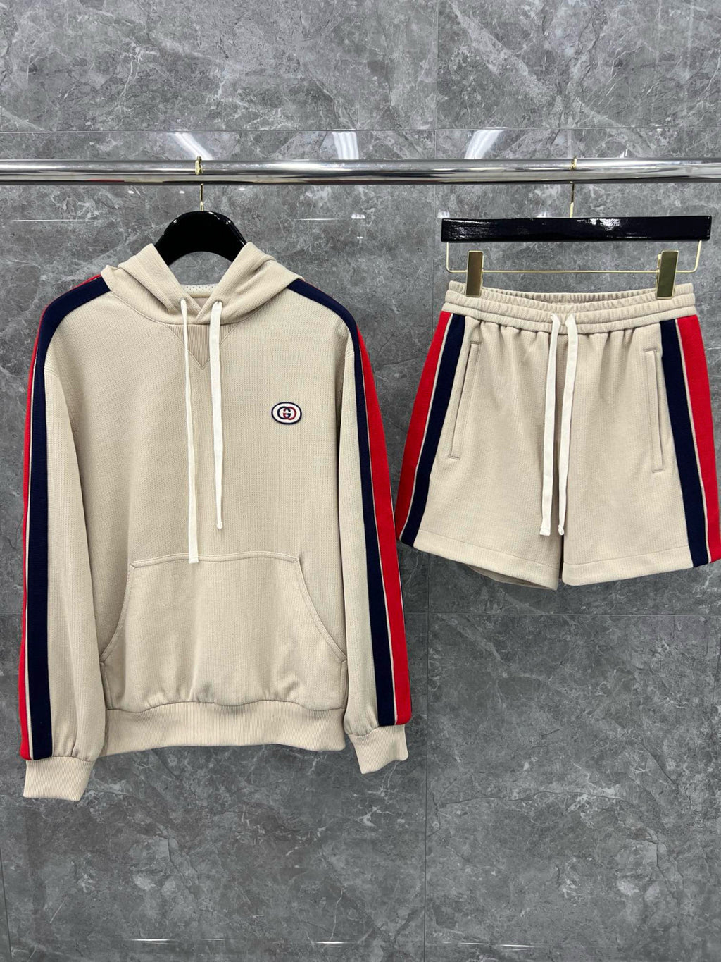 Gucci Men's Summer Striped Logo Print Hooded Sweatshirt Pullover Tie High Waisted Shorts Set Suit #98813