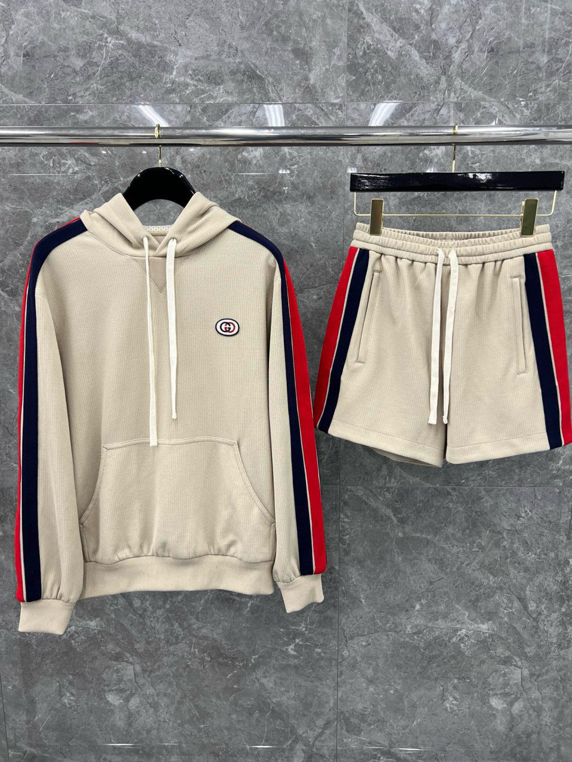 Gucci Men's Summer Striped Logo Print Hooded Sweatshirt Pullover Tie High Waisted Shorts Set Suit #98813