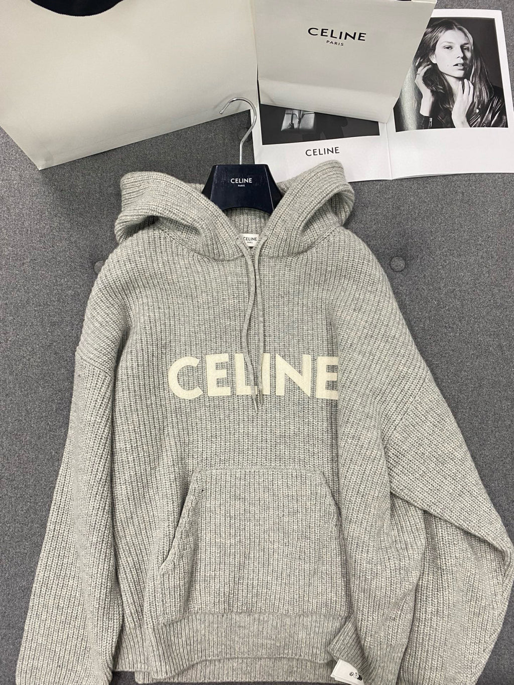 Celine Men's and Women's Autumn/Winter Grey Ribbed Wool Knit Hooded Sweatshirt Pullover #97672