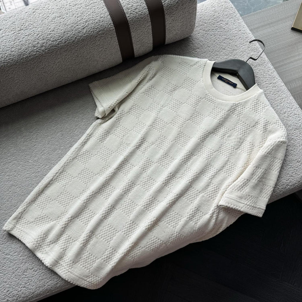 Louis Vuitton Men's Summer Solid Color Checkered Print Terry Fabric Crew Neck Short Sleeve T-Shirt #77881