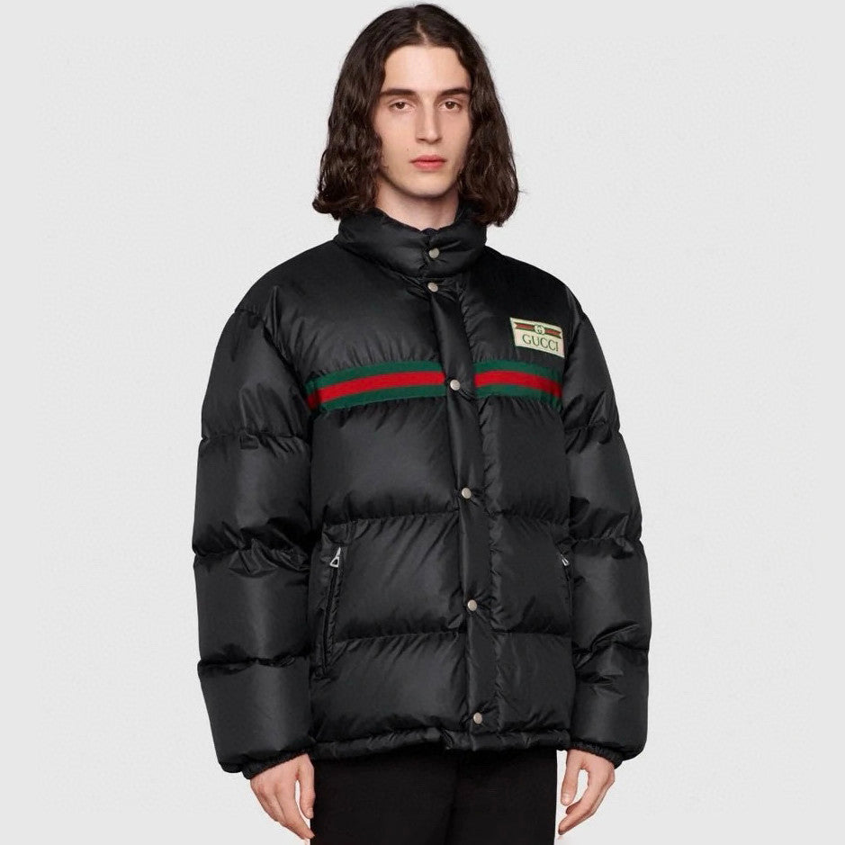 Gucci Men's And Women's Winter Fashion Casual High Neck Single Button Red Green Striped Webbing Contrast Collar Detachable Sleeves Down Jacket #79374