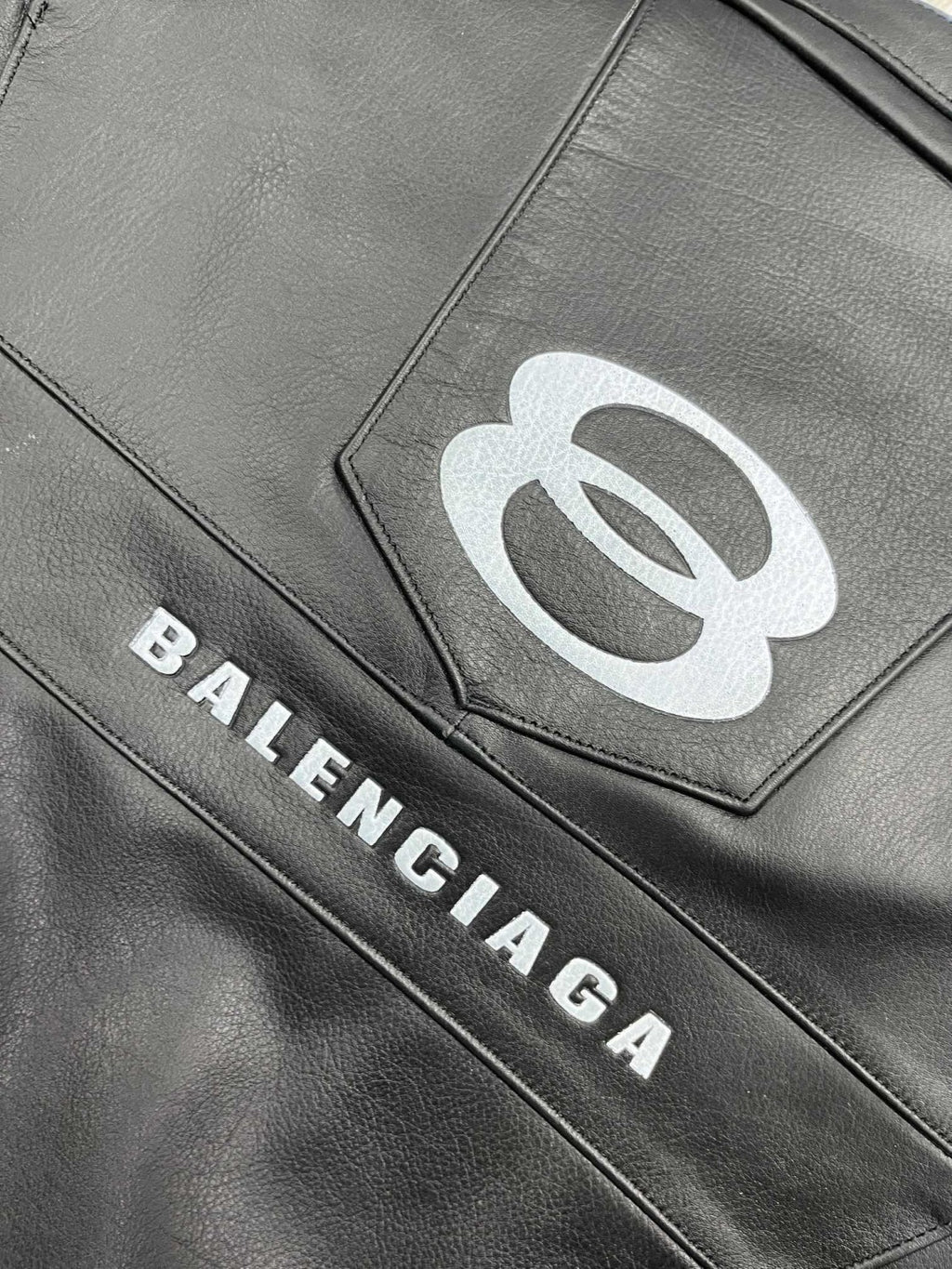 Balenciaga Men's Fall And Winter Black Round Neck Zipper Closure Regular Fit Long Sleeve Leather Jacket #73673