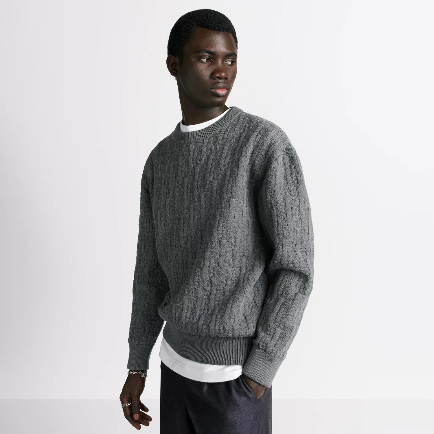 Dior Men's Spring and Autumn Solid Color Printed Ribbed Crew Neck Knit Sweater #75184