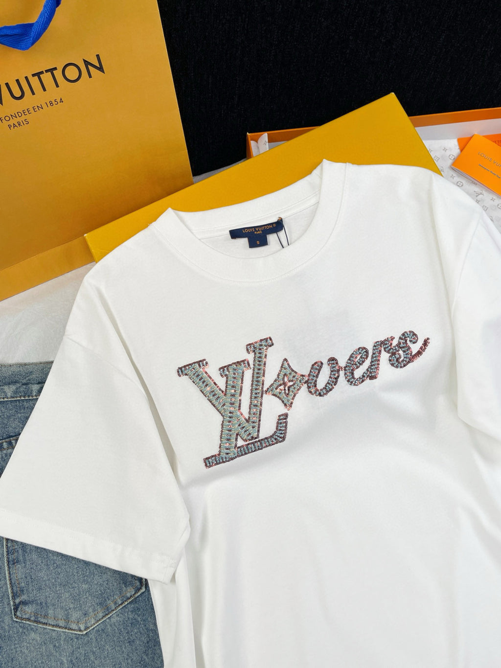 Louis Vuitton Men's Summer Logo Beaded Embroidery White Cotton Round Neck Short Sleeve T-Shirt #98378