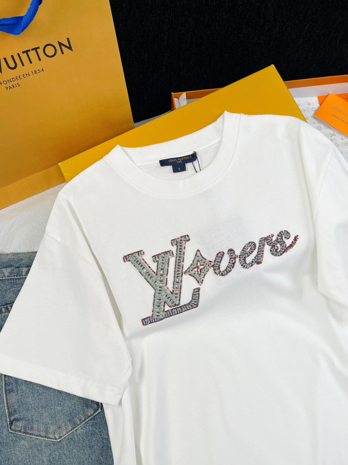 Louis Vuitton Men's Summer Logo Beaded Embroidery White Cotton Round Neck Short Sleeve T-Shirt #98378