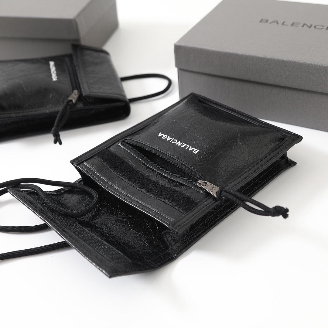 Balenciaga Men's And Women's New Oil Wax Leather Logo Phone Bag Messenger Bag Black Classic Color Mini Wallet Bags #195351