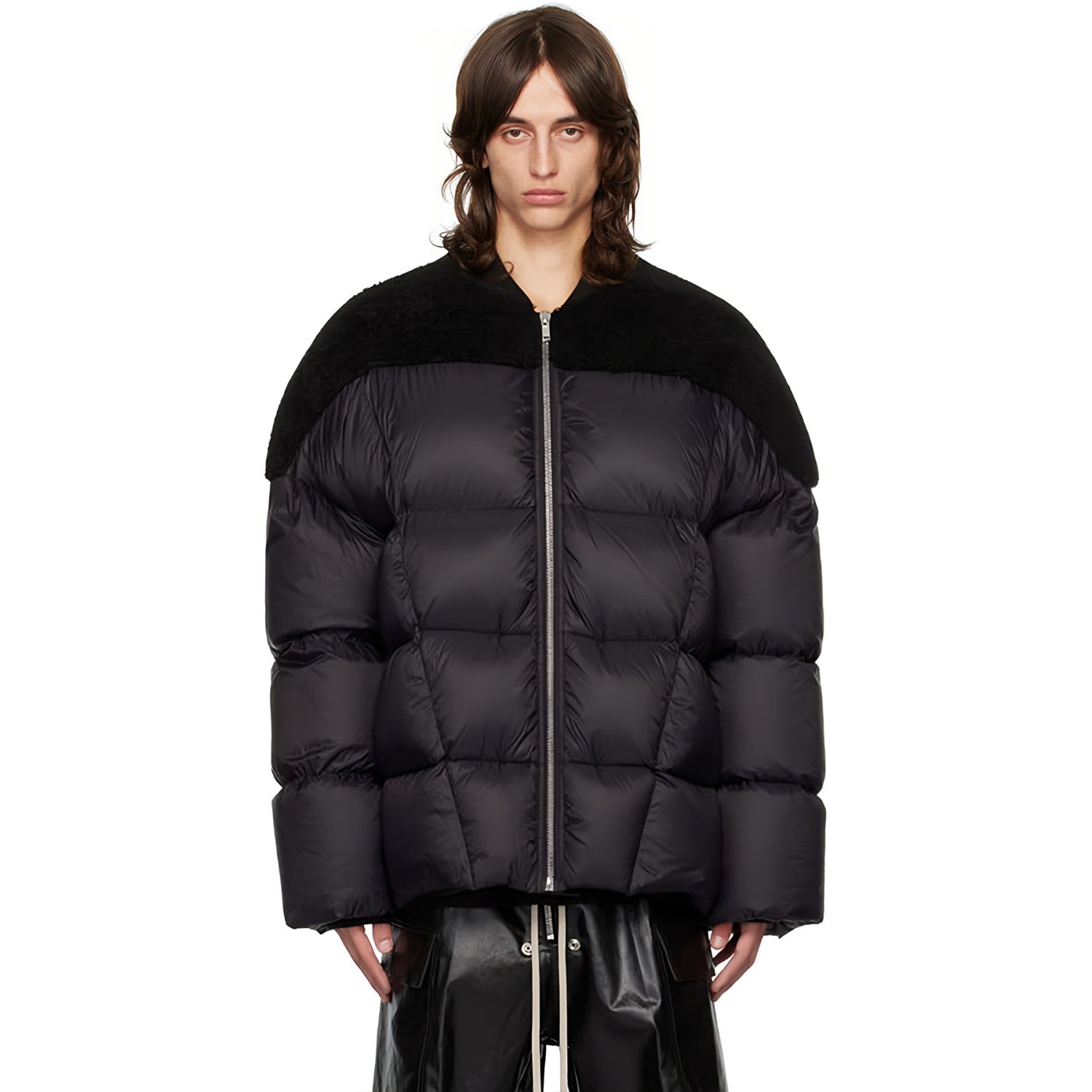 Rick Owens Men's Fall And Winter Black Porterville Flight Feather Jacket Short Jacket Men's Aviator Jacket Fashion Splicing Warm Jacket Ngvp #2496