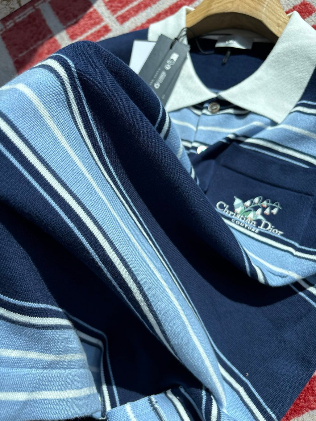 Dior Men's Summer Blue Cotton Plain Knit Fabric Suzuran Embroidery Polo Neck Short Sleeve T-Shirt #76931