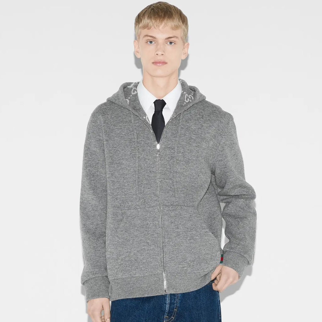 Gucci Men's Autumn and Winter Gray Full Printed Reversible Hooded Zipper Long Sleeve Jacket #74292