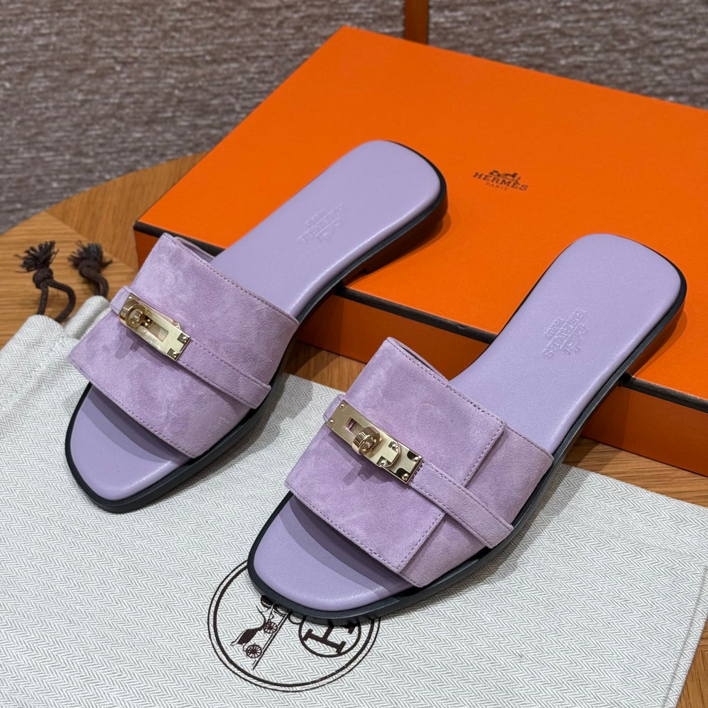 Hermes Giulia Women's Summer Solid Color Metal Buckle Round Toe Suede Leather Sandals Slippers Shoes #77667