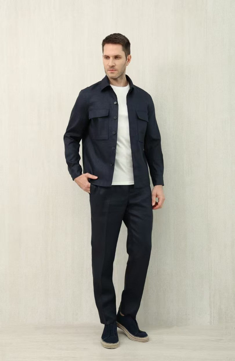 Ermenegildo Zegna Oasi Lino Shirt Jacket Men's Spring And Summer Lapel Single-breasted Pocket Temperament Shirt Simple Commuter Jacket Ngvp #1185