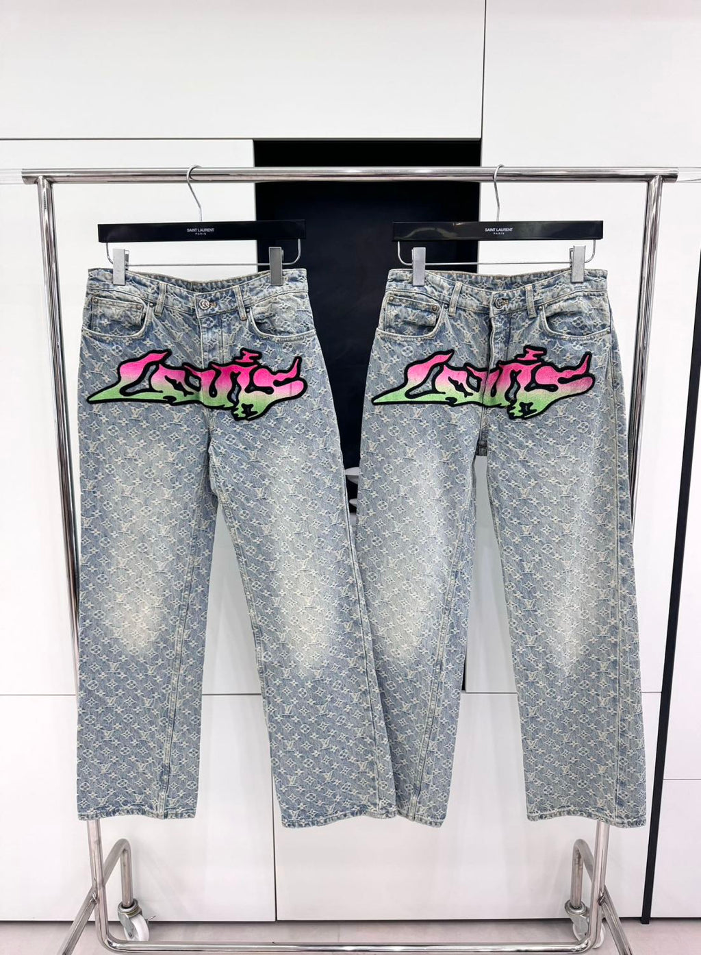 Louis Vuitton Men's Spring and Autumn Blue Logo Full Print Letter Graffiti Jeans Pants #73256