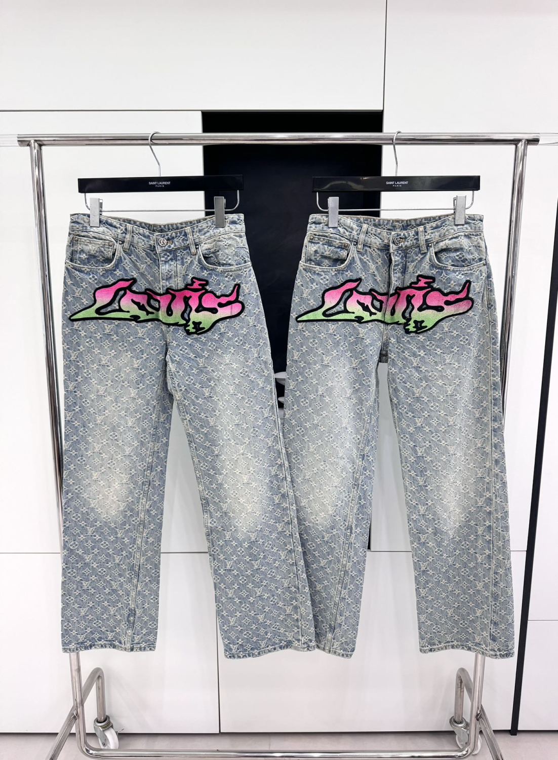 Louis Vuitton Men's Spring and Autumn Blue Logo Full Print Letter Graffiti Jeans Pants #73256