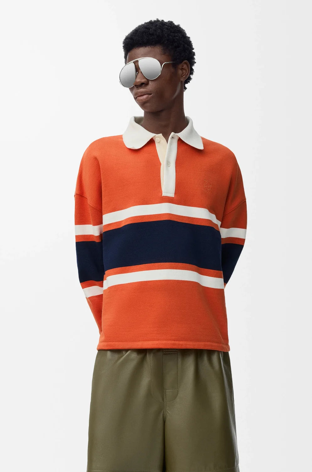 LOEWE FW25 Men's Cotton Horizontal Striped Logo Embroidered Long-Sleeved Polo Shirt #332269