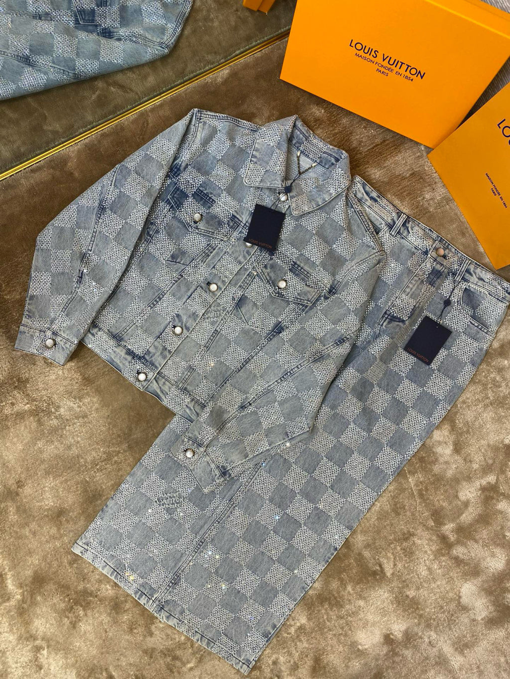 Louis Vuitton Men's Spring And Autumn Checkerboard  Print Jacquard Crystal Decoration Single Breasted Long Sleeved Denim Jacket Casual Jeans Pants Suit Set #75273