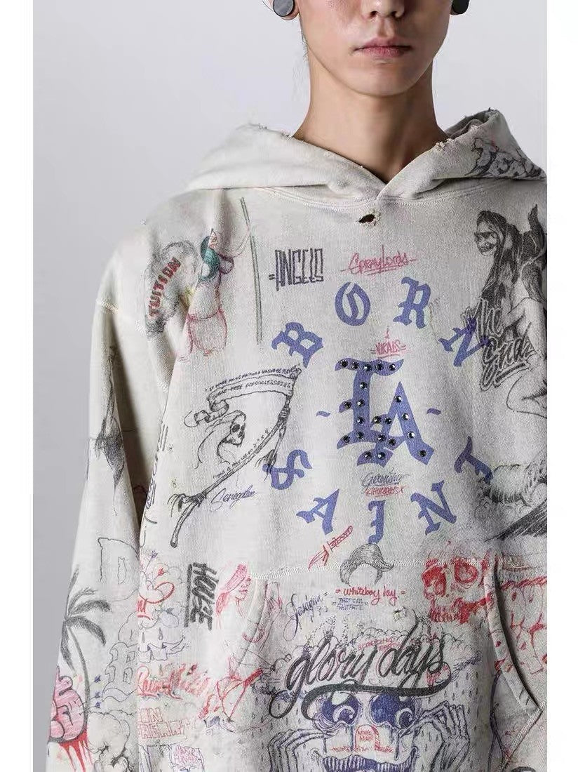 Saint Michael x Born x Raised Men's Spring And Autumn Graffiti Cotton Hooded Pullover Fitted Solid Color Long Sleeve Sweatshirt Ngvp #9284