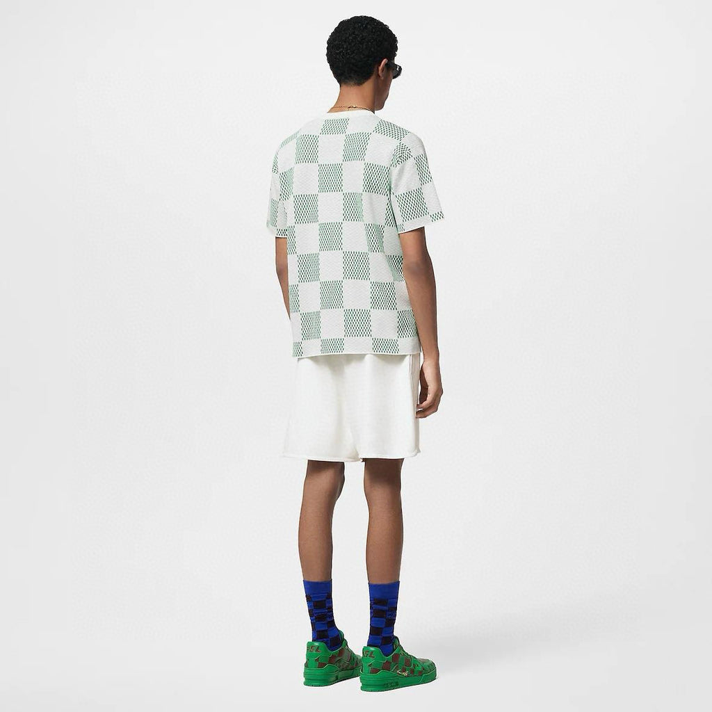 Louis Vuitton Men's Summer White Green Plaid Pattern Round Neck Cotton Short Sleeve T-Shirt #98739