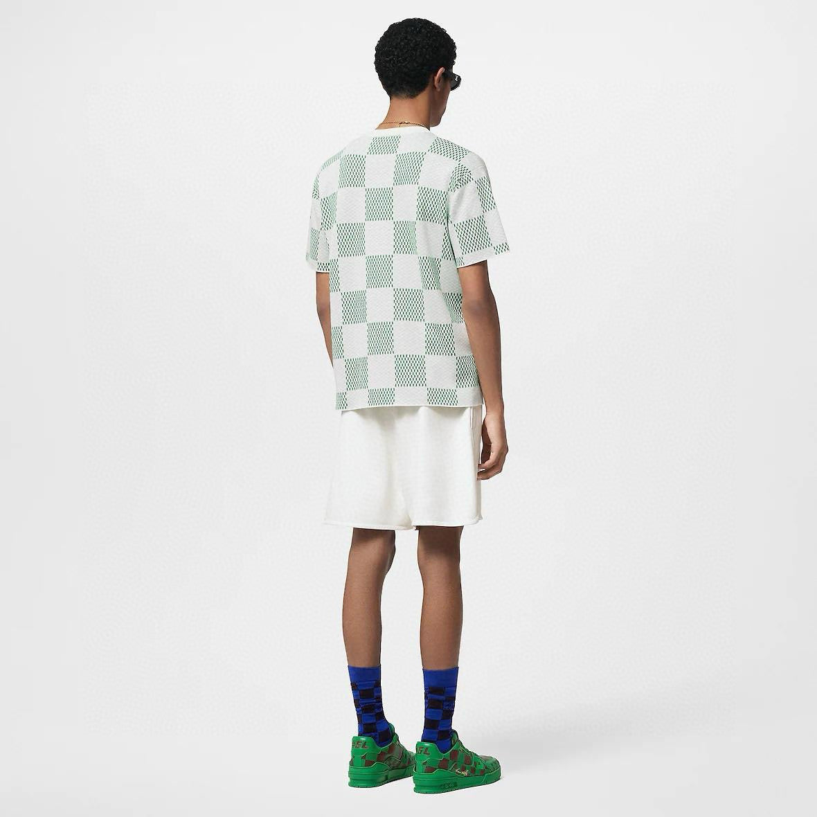 Louis Vuitton Men's Summer White Green Plaid Pattern Round Neck Cotton Short Sleeve T-Shirt #98739