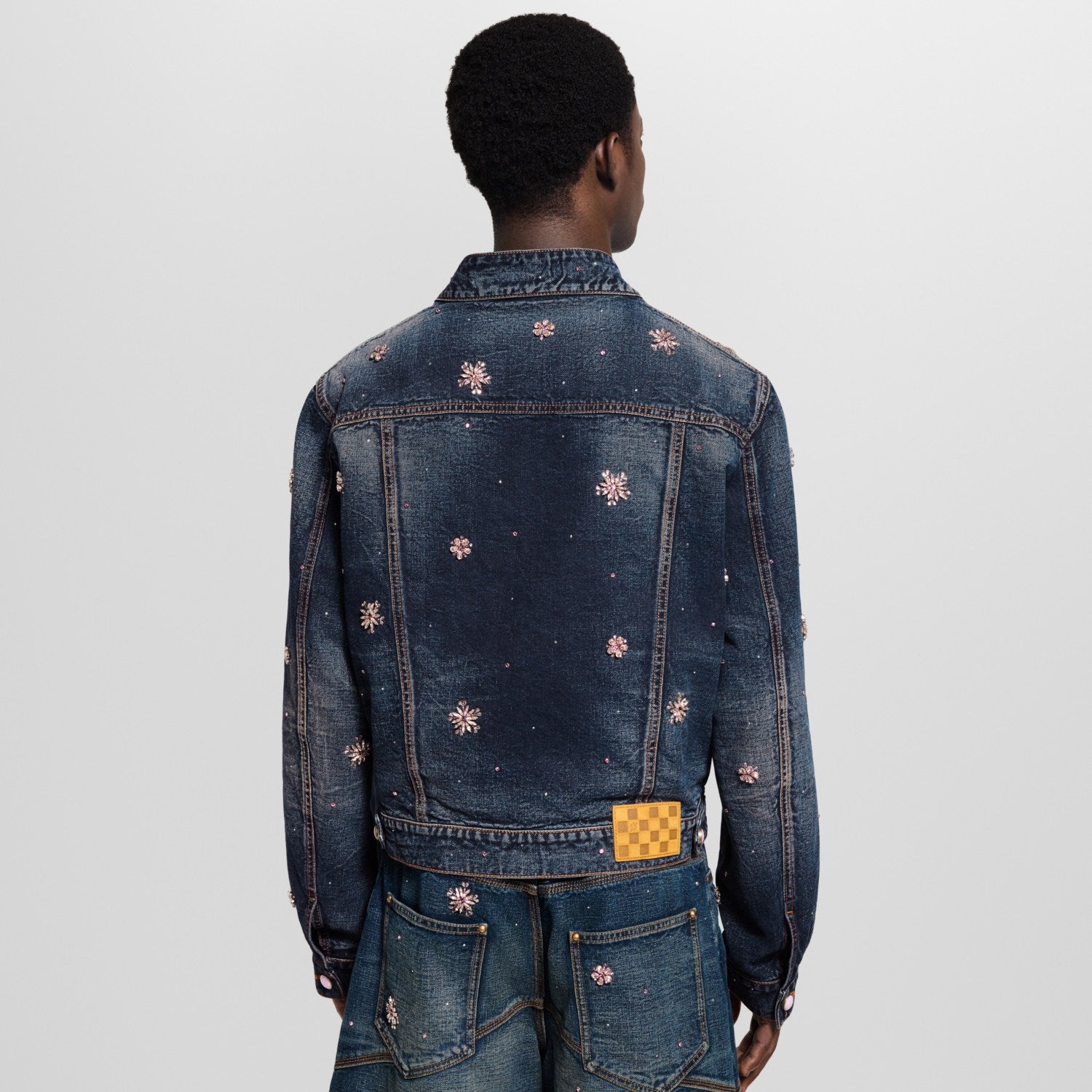 Louis Vuitton Men's and Women's Fashion Casual V Neck Embroidered Kimono Style Long Sleeve Denim Jacket  Embroidered Workwear Denim Shorts Suit Set #78735
