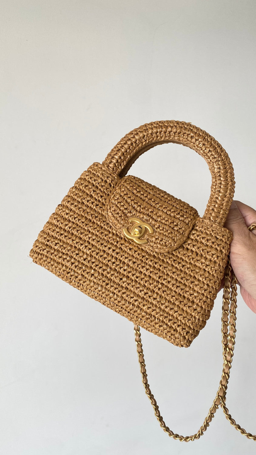 Chanel Mini Shopping Bag Braided Raffia Gold Tone Metal Dark Beige #335258