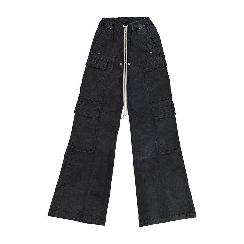 Rick Owens Men's High Street Four Seasons Batik Solid Color Stretch Lace-Up Workwear Flared Pants Casual Denim Trousers Pants Ngvp #1772